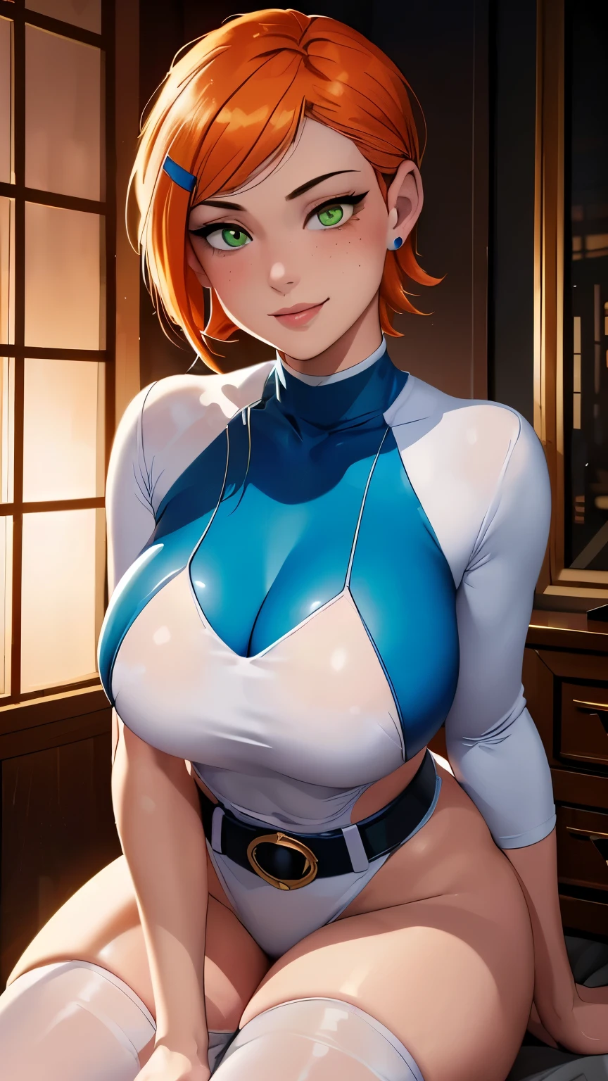 Gwen tennyson,(best qualityer,4K,8k,high resolution,work of art:1.2)(weather: sunset), forest town background, freckles, blue sleeves white top, tight white leggings, belt, sneakers,short straight hair, ginger hair, ultra detailed,realisitic,portraite,beautiful detailed green eyes, glowing eyes,blush,beautiful detailed lips,extremely detailed eye and face, long eyelashes,sexly,average, medium breasts,beaming smile, sexy smile,powerful girl in a battle, sexy pose, stunning curves,bright coloured,dramatic lighting, cum