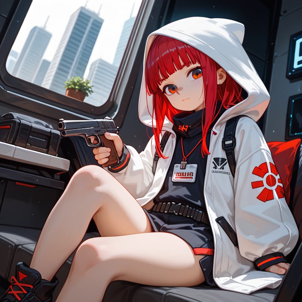 "A young boy with bright red hair , hime cut , bright skin, and the soft expression , wearing future clothing. White hood .  The boy sitting.  The background is plain black , holding gun , gives full focus to the character of the boy ."