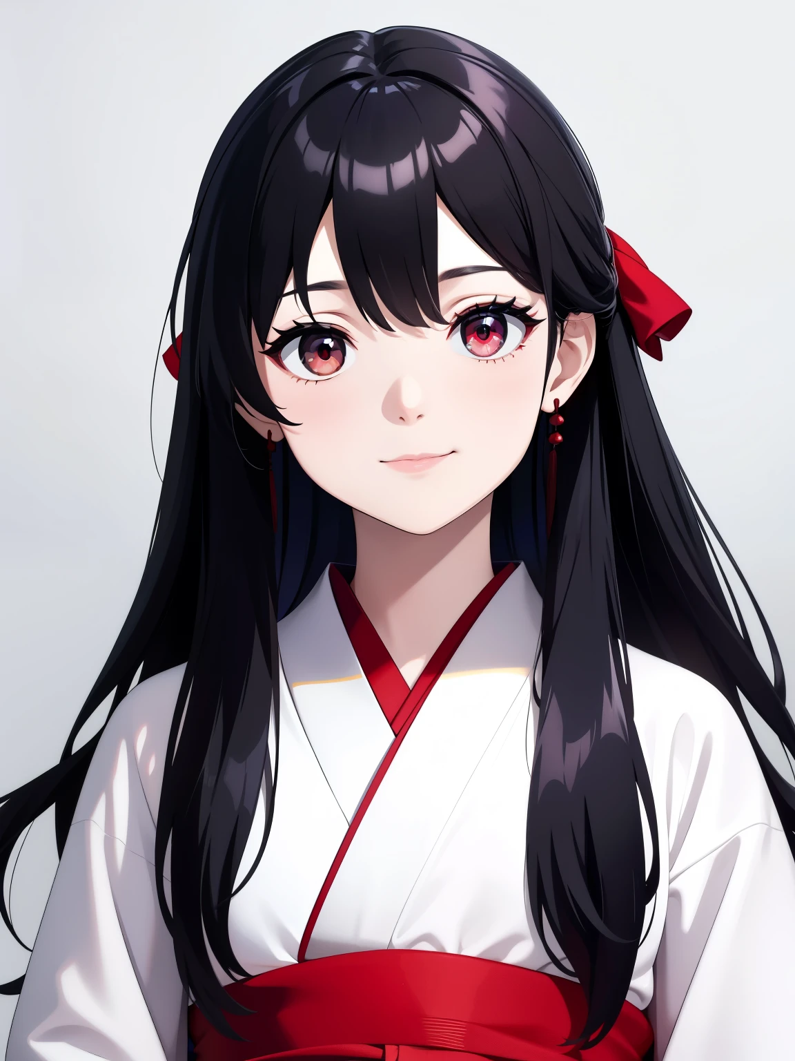 (high-quality, breathtaking),(expressive eyes, perfect face) 1girl, female, solo, s old , black color hair, red streaks in hair, crimson red eye color, very long hair length, Symmetrical Eyes, portrait, upper body, soft expression, accessories, jewellery, half open eyes, cute smile, gentle, mikofa, head wings, black sash, red ribbon, ghostly pale white skin, shrine maiden, japanese, grey background, short height, young face, kimono, pure white kimono, red trim, shirt tug, facing viewer, long sleeves
