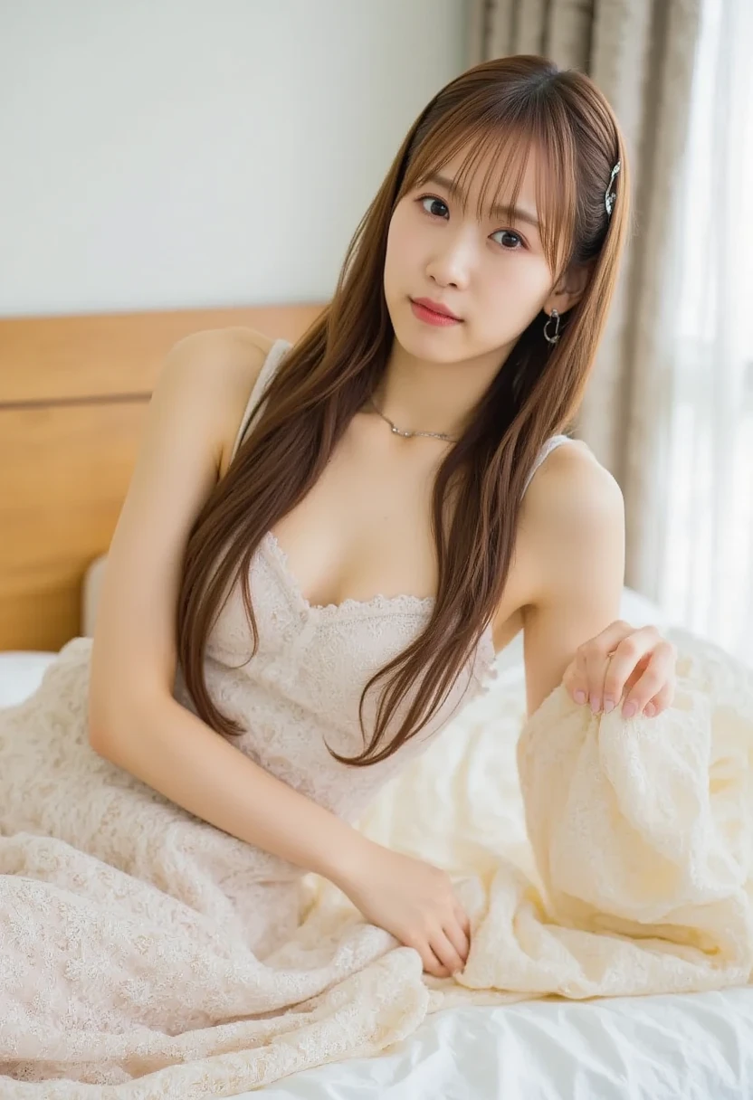 from below, super high quality, (8k, RAW photo, realistic), wearing light pink dress, skirt lift. light brown flowing layered braided bangs medium hair, beautiful cute woman, shining gold big eyes, annoying sexy expressions, medium breasts, slender, perfect proportion, background gorgeous bed room