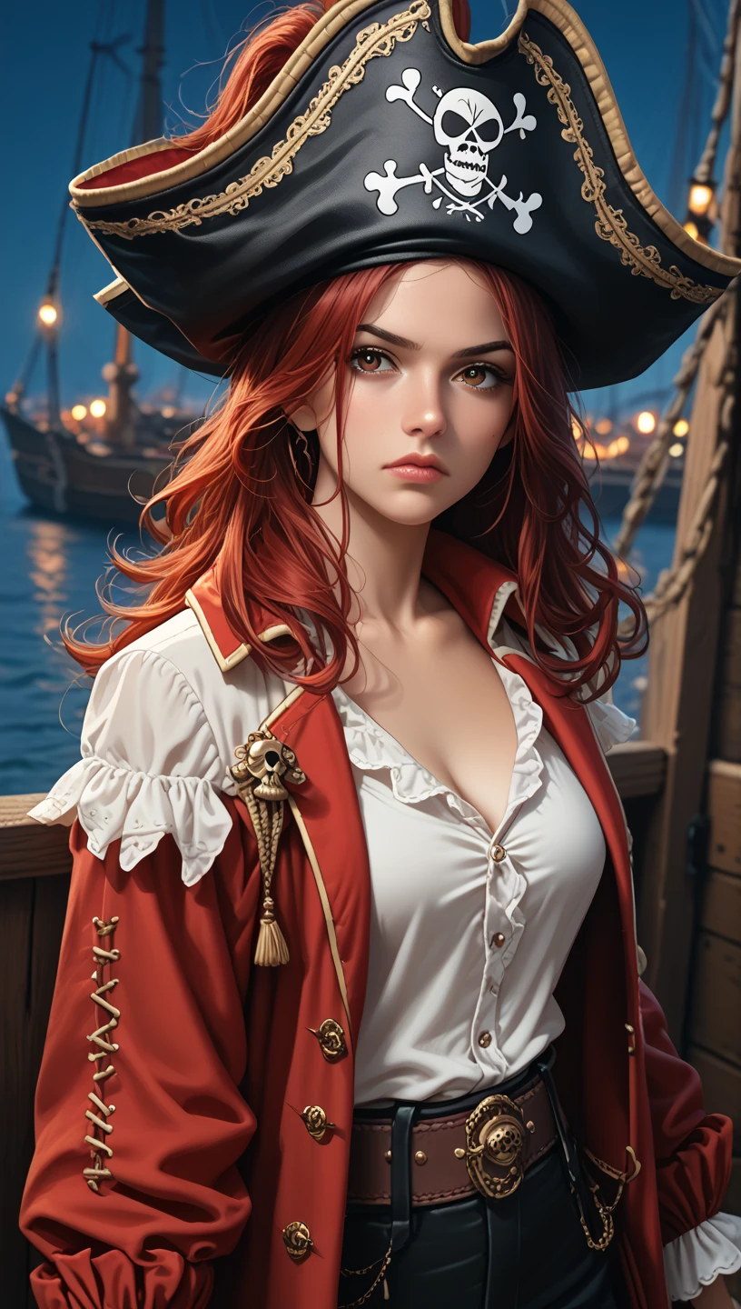 1girl, serious expression, adult, mature, medium breast, pirate costume, pirate hat, Red HAIR, brown eyes, looking at viewer, standing, luxury pirate ship. (Slim Body), portrait. (NIGHT:1.4), pirate crew behind