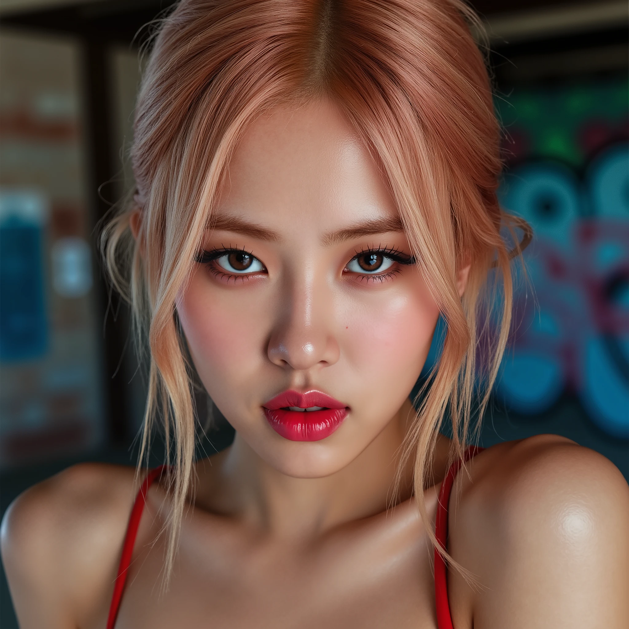 Realistic (photorealistic Realism), (high resolution), ((intricately detailed digital art)), professional photography, (((portrait) a [Rosé from blackpink]:1.3)), (ultra realistic texture details: velvety skin, hair),(close- up eyes:1.3),((sharp focus, no blurry, high resolution, absurd quality, Realistic brown_eyes:1.4), intricately detailed:1.3), ((extremely fine details eyes)), ((extra narrow eyebrows)), (Carefully draw Long eyelashes), (perfect round eyes:1.3), (finely detailed pupils:1.3), ((extremely fine details pupils:1.3)), ((extremely fine details iris of the eyes:1.3)), (Shining, mesmerizing, Vibrant eyes:1.2), (professional makeup:1.4), ((perfect eyeshadows:1.4)), detailed lips:1.3, (apply glossy red_lipstick:1.34), (pink_makeup:1.3), (beautiful little nose), (perfect proportions:1.2),(small head),(anatomically correct), perfect female body, (firm and full breasts), (Super beautiful), (vivid and colorful), The attention to detail, focus of girl, dynamic pose, sexy and seductive, flirty smile, dslr, high quality split lighting, sharp focus captured by Fujifilm XT3, f 5.6, in a dramatic lighting, (perfect composition), (Style your hair, short hair, golden hair, curls at the ends of the hair, hair above one eye,(short blonde, combed to the side)), choker, ((Brick wall, Graffiti)), (oversized shirt,Outside the shoulder, transparent white shirt), exquisite balance of shadows, look at the viewer,