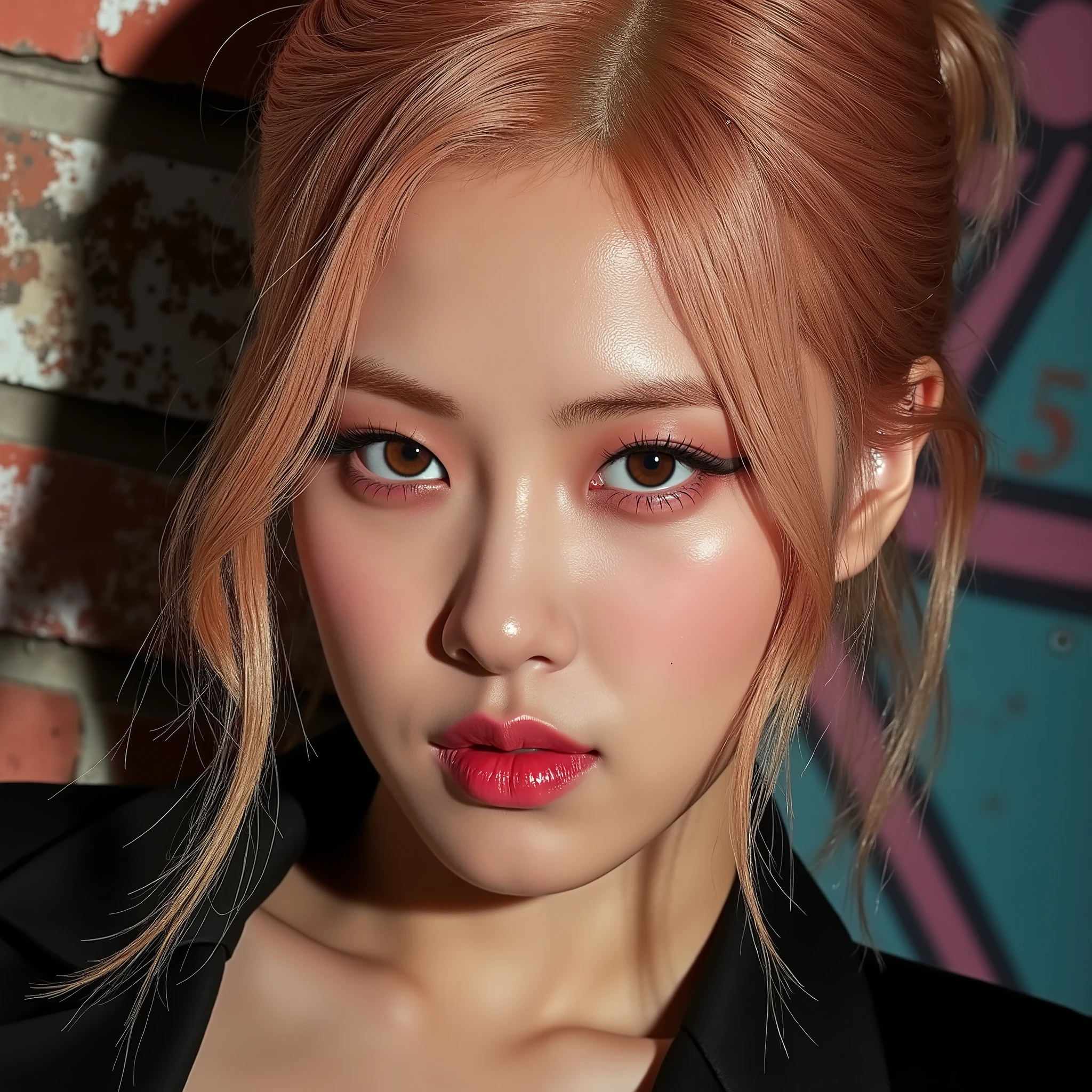 Realistic (photorealistic Realism), (high resolution), ((intricately detailed digital art)), professional photography, (((portrait) a [Rosé from blackpink]:1.3)), (ultra realistic texture details: velvety skin, hair),(close- up eyes:1.3),((sharp focus, no blurry, high resolution, absurd quality, Realistic brown_eyes:1.4), intricately detailed:1.3), ((extremely fine details eyes)), ((extra narrow eyebrows)), (Carefully draw Long eyelashes), (perfect round eyes:1.3), (finely detailed pupils:1.3), ((extremely fine details pupils:1.3)), ((extremely fine details iris of the eyes:1.3)), (Shining, mesmerizing, Vibrant eyes:1.2), (professional makeup:1.4), ((perfect eyeshadows:1.4)), detailed lips:1.3, (apply glossy red_lipstick:1.34), (pink_makeup:1.3), (beautiful little nose), (perfect proportions:1.2),(small head),(anatomically correct), perfect female body, (firm and full breasts), (Super beautiful), (vivid and colorful), The attention to detail, focus of girl, dynamic pose, sexy and seductive, flirty smile, dslr, high quality split lighting, sharp focus captured by Fujifilm XT3, f 5.6, in a dramatic lighting, (perfect composition), (Style your hair, short hair, golden hair, curls at the ends of the hair, hair above one eye,(short blonde, combed to the side)), choker, ((Brick wall, Graffiti)), (oversized shirt,Outside the shoulder, transparent white shirt), exquisite balance of shadows, look at the viewer,