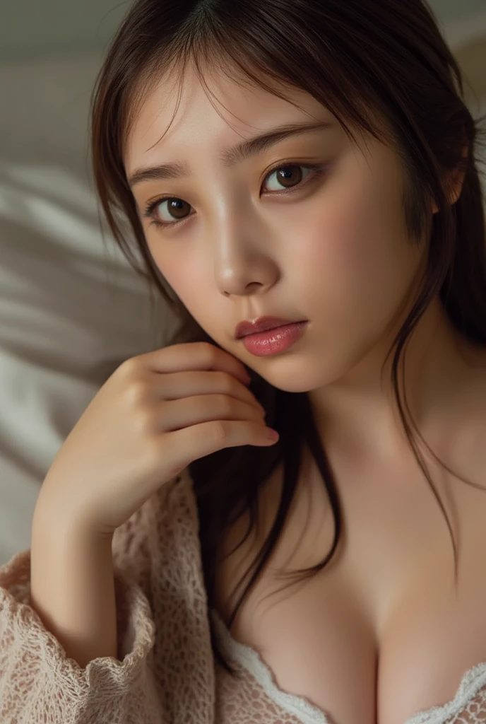 nsfw, 1 female ,  beauty,  beautiful faces,  detailed face  、10th Generation、smile、(  blush and embarrassed :1.35)、 Look Down、  Observe the audience carefully  ,Dignified appearance,(  Sexy Lace Lingerie  、Thin transparent underwear  :1.4)，(  translucent  :1.5)、( cleavage in years:1.5、Nipples :1.3),   Chest Focus   、、  Wrinkles and sweat are just right for the skin , Aerial View,Front View,   super real ,     Ultra-Fine  ,  Top Quality  ,8k,masterpiece，(  bed:1.3)
