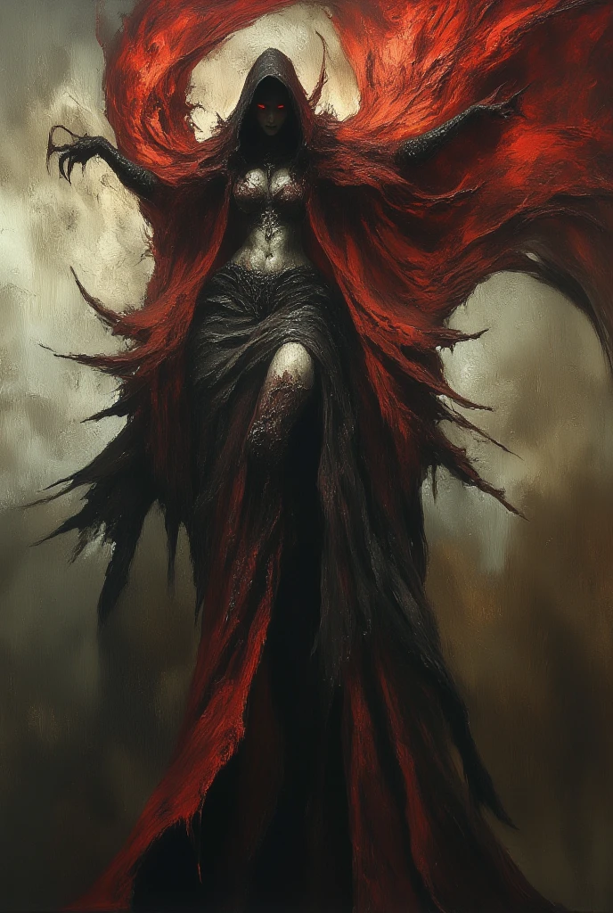 Full body shot, fantasy, Dark, horror, female verion of death, moody, Dark, muted colors, Simple brush line, oil painting, sexy and scarry, visible deep Red glowing eyes of hooded skull, Expressiveh, dnddarkestfantasy, hkevil, 