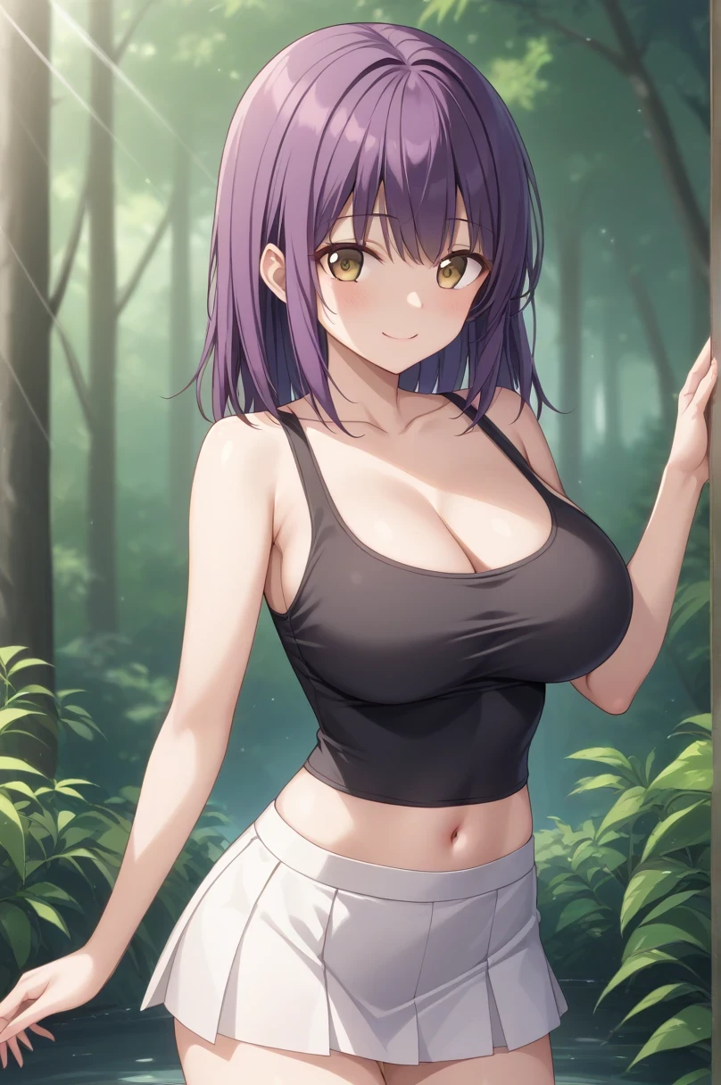 score 9、score 8 up、score 7 up、score 6 up、score 5 up、source anime、anime coloring、 top quality 、 high res、masterpiece、1girl、Purple Hair、 long hair、 brown eyes、 medium hair、 wave hair、eyelash、Alone、 black tank top 、Big Breasts、 girl with big breasts、 Skin Tight Tank Top 、collarbone、 white mini skirt、covered navel、 white tight skirt 、 small smile 、 is standing、Outdoors、(forest, Dawn,  speckled sunlight )、