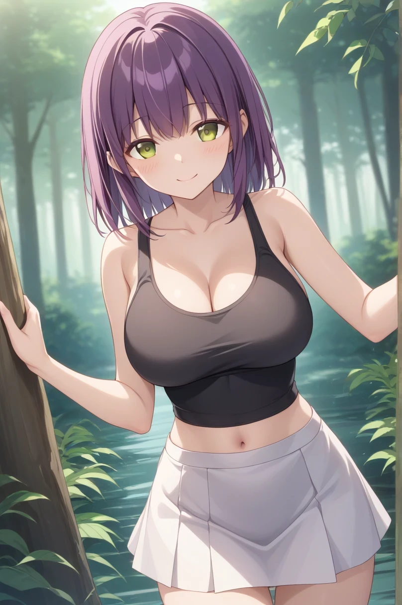 score 9、score 8 up、score 7 up、score 6 up、score 5 up、source anime、anime coloring、 top quality 、 high res、masterpiece、1girl、Purple Hair、 long hair、 brown eyes、 medium hair、 wave hair、eyelash、Alone、 black tank top 、Big Breasts、 girl with big breasts、 Skin Tight Tank Top 、collarbone、 white mini skirt、covered navel、 white tight skirt 、 small smile 、 is standing、Outdoors、(forest, Dawn,  speckled sunlight )、