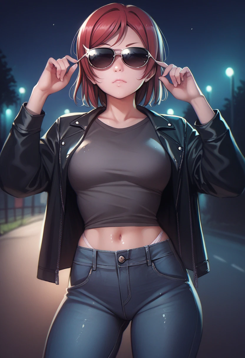 Nishikino maki, covered eyes, love live , (midriff:0.5), detailed body, shiny skin , standing , wearing a black leather jacket over a dark grey shirt, black jeans pants, sunglasses, night , (underwear partially visible:1.1) ,p4l0m4