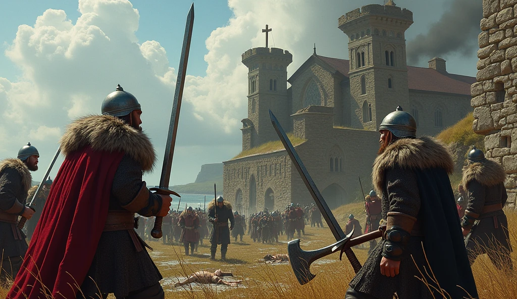 Imagem de um grupo de pessoas em um campo com um castelo ao fundo, an epic viking battle scene, batalha de fantasia medieval, epic battlescene, Efeitos visuais impressionantes, Batalha por Whiterun City, batalha medieval, invading army background, epic battle scene, cena de batalha heroica, Directed by: Artur Tarnowski, Epic 8K dinner, Background Story: cena de batalha