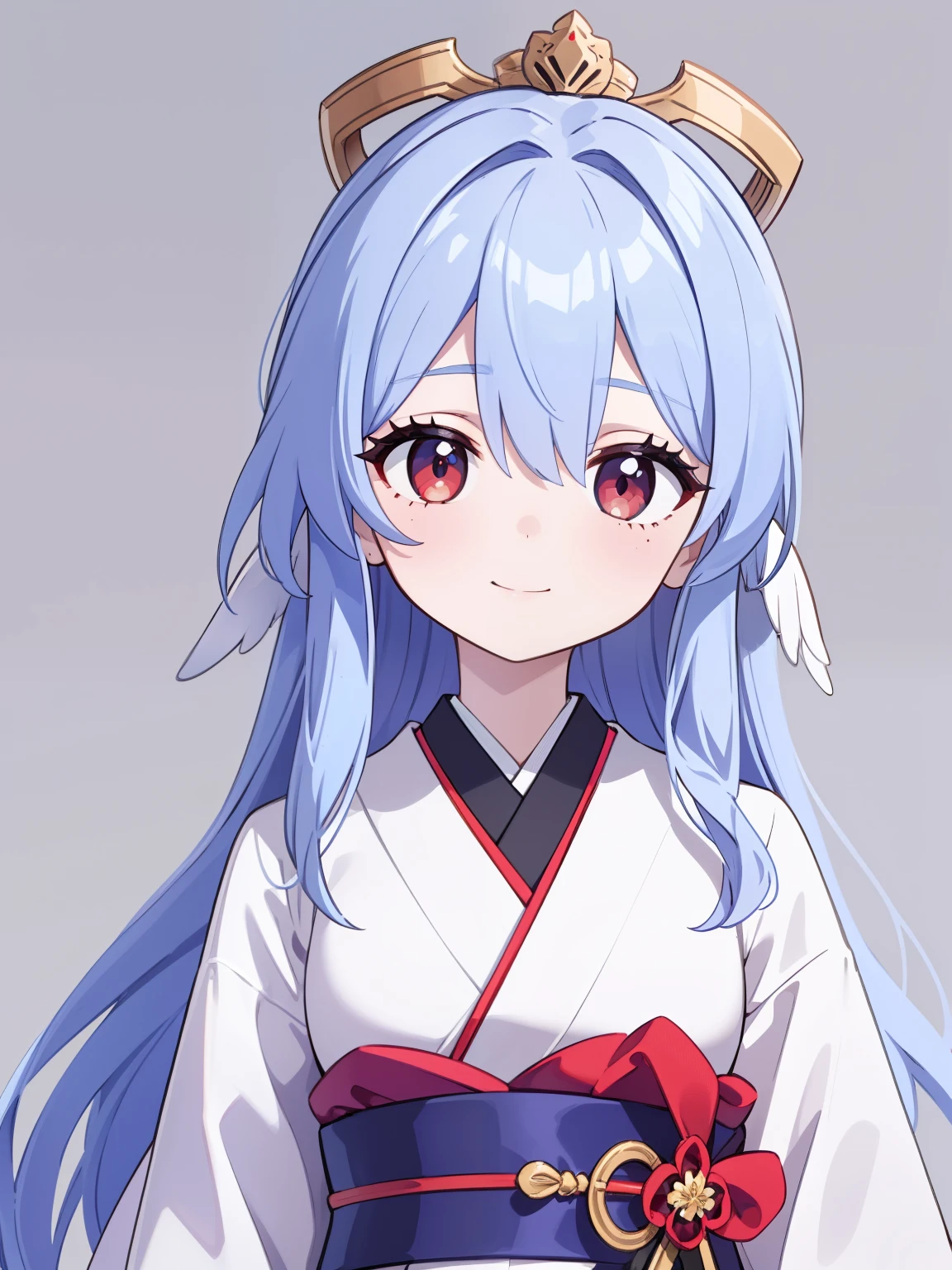 (high-quality, breathtaking),(expressive eyes, perfect face) 1girl, female, solo, black color hair, red streaks in hair, crimson red eye color, very long hair length, Symmetrical Eyes, portrait, upper body, soft expression, accessories, jewellery, half open eyes, cute smile, gentle, mikofa, head wings, black sash, red ribbon, ghostly pale white skin, shrine maiden, japanese, grey background, short height, young face, kimono, pure white kimono, red trim, shirt tug, facing viewer, long sleeves