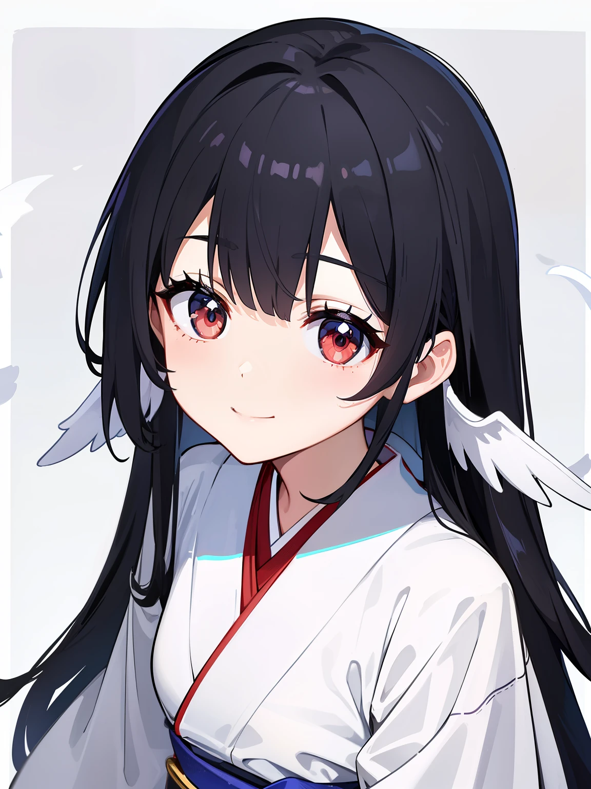 (high-quality, breathtaking),(expressive eyes, perfect face) 1girl, female, solo, black color hair, red streaks in hair, crimson red eye color, very long hair length, Symmetrical Eyes, portrait, upper body, soft expression, accessories, jewellery, half open eyes, cute smile, gentle, mikofa, head wings, black sash, red ribbon, ghostly pale white skin, shrine maiden, japanese, grey background, short height, young face, kimono, pure white kimono, red trim, shirt tug, facing viewer, long sleeves