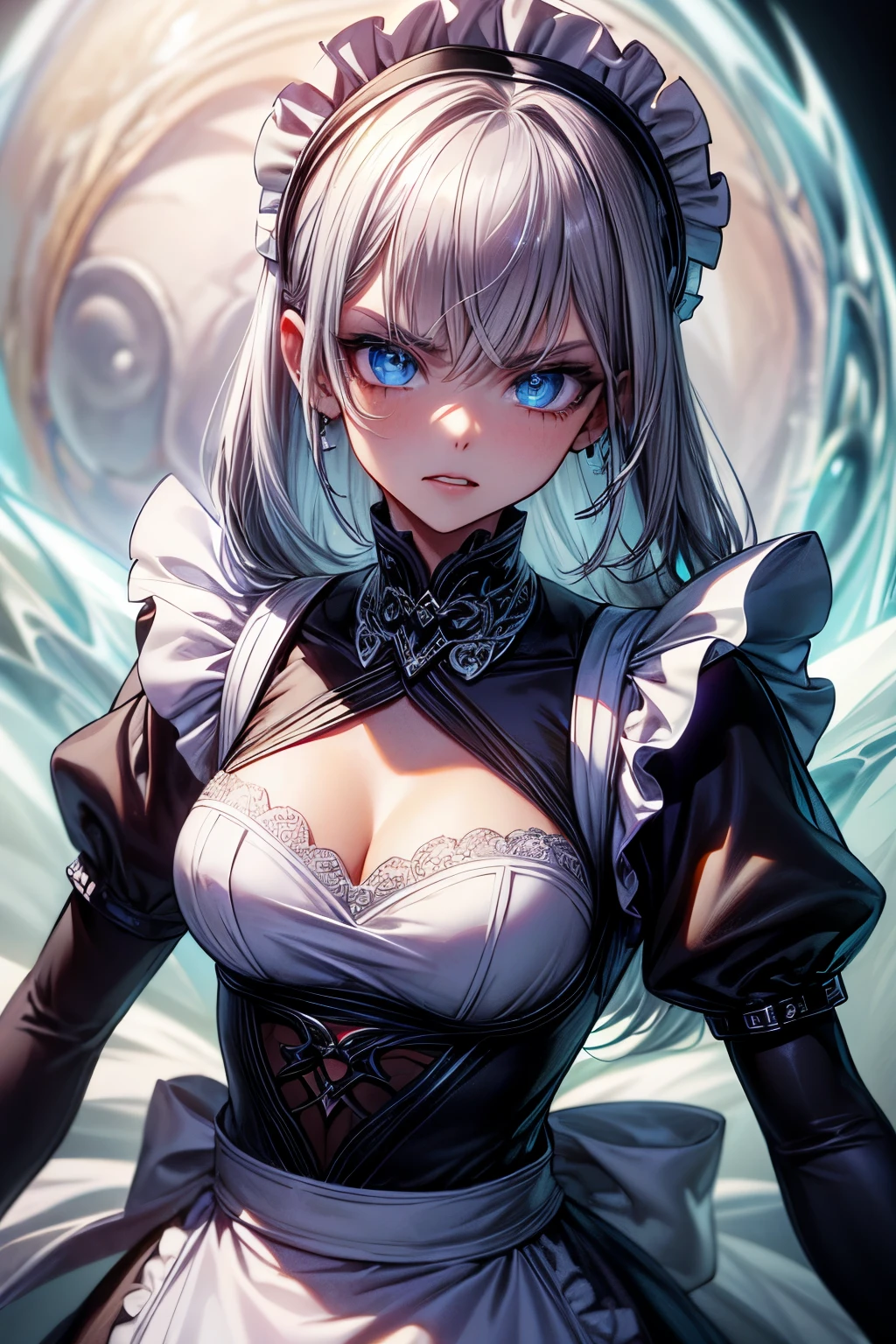 (best quality,4k,high resolution,masterpiece:1.2),a maid is getting angry, pointing to a blue earth, detailed eyes,beautiful detailed lips,extremely detailed blue eyes and face, long silver hair, long eyelashes, Europian noble face with sadistic rage, evil face, cruel mouth to whisper,upper body portrait,  tightly fitted outfit,black long-sleeved maid costume,wearing white apron, wearing long skirt.