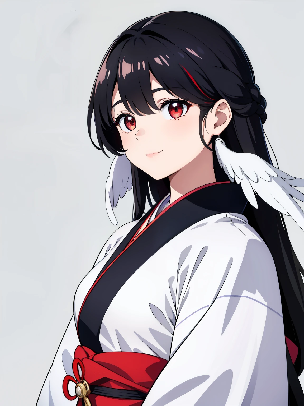 (high-quality, breathtaking),(expressive eyes, perfect face) 1girl, female, solo, black color hair, red streaks in hair, crimson red eye color, very long hair length, Symmetrical Eyes, portrait, upper body, soft expression, accessories, jewellery, half open eyes, cute smile, gentle, mikofa, head wings, black sash, red ribbon, ghostly pale white skin, shrine maiden, japanese, grey background, short height, young face, kimono, pure white kimono, red trim, shirt tug, facing viewer, long sleeves
