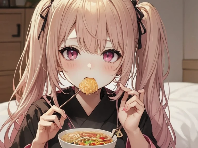 1 girl, blonde hair, blonde woman, pony tail, bright pink eyes, pastel colours, Cute hair clips, Sitting in a restaurant, Eating noodles, eats noodles, Looking at the viewer, blusher, sweat all over the body, revealing clothes