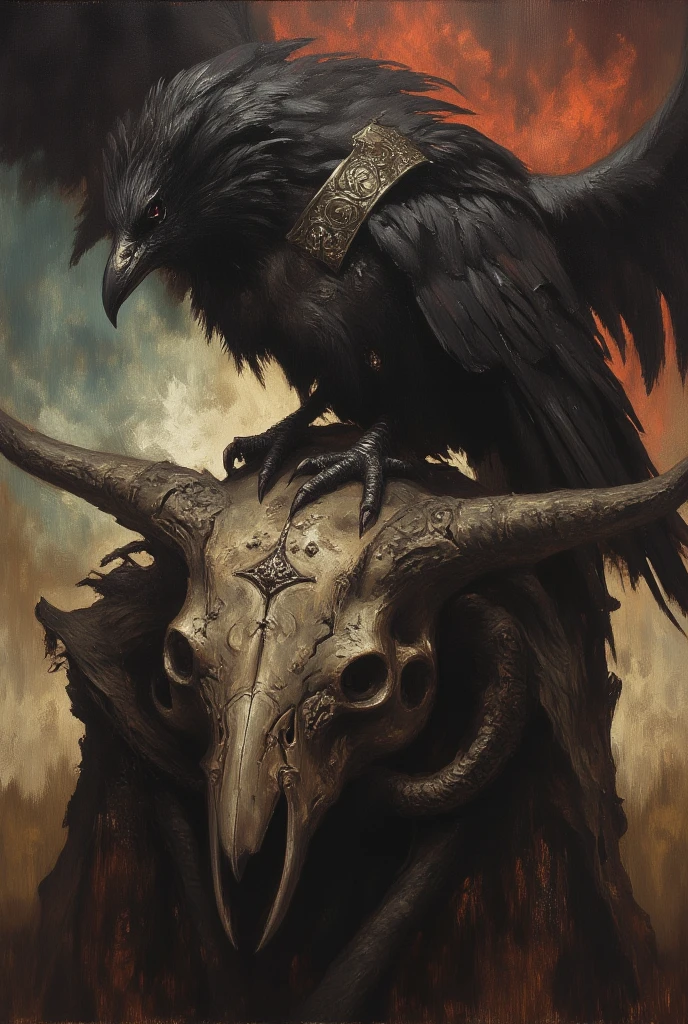 Raven, horror art, Dark, dangerous, worrying, oil painting, canvas, sits on old skull, dnddarkestfantasy, 