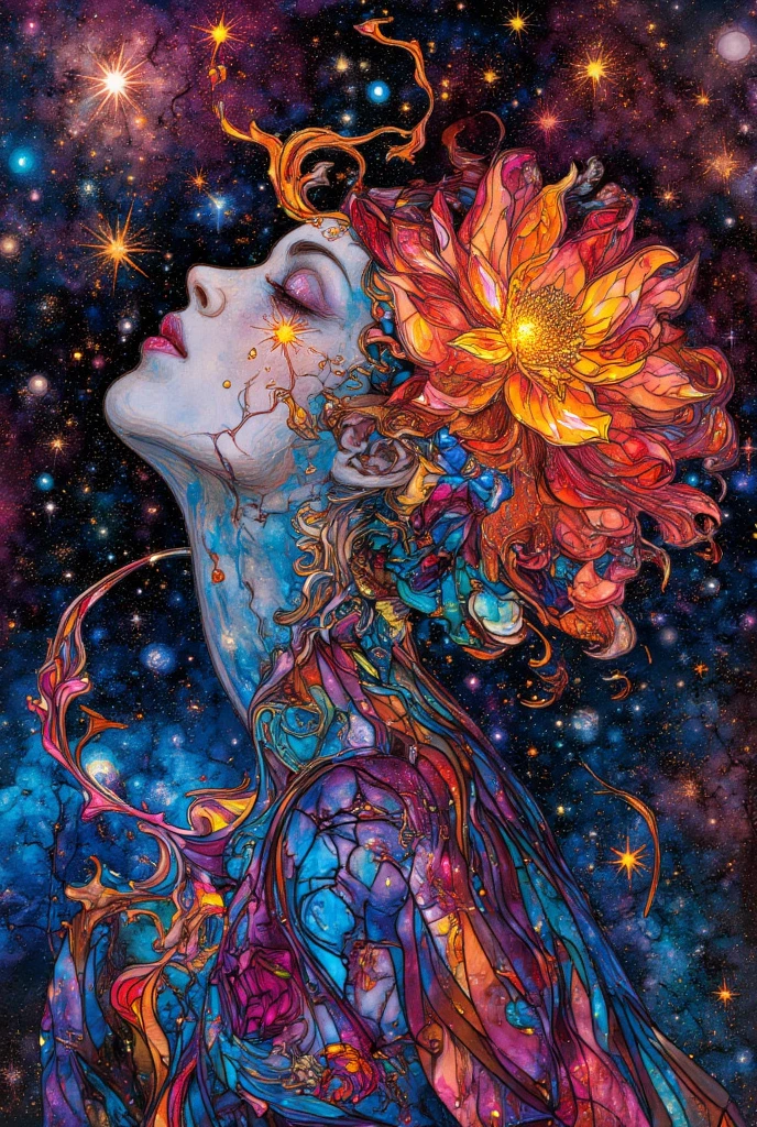 a woman with a flower in her hair, face melting into the universe, by Virgil Finlay, inspired by Dan Hillier, Starry space, disney and dan hillier, moebius and dan hillier, inspired by Virgil Finlay, in the astral plane, intricate colorful  illustration, style of virgil finlay, ArsMJStyle, Stained Glass, in the style of james-jean
