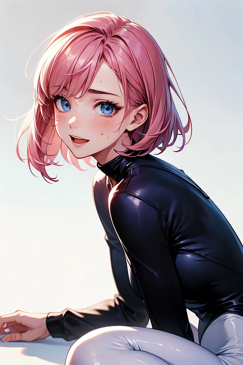 (highest quality:1.2), a 20-years-old girl is kneeling on the floor, indicating indomitable spirit, laghing, sweating, grinning, from side view, a photorealistic cute gymnast, beautiful face with scorn, European face, scornful face, beautiful eyeblow, opened eyes with scorn, opened mouth with scornful smile, beautiful lip to blame, short-bob pink hair, upper body portrait, wearing tight fitting long sleeved black leotard, wearing white pantyhose.