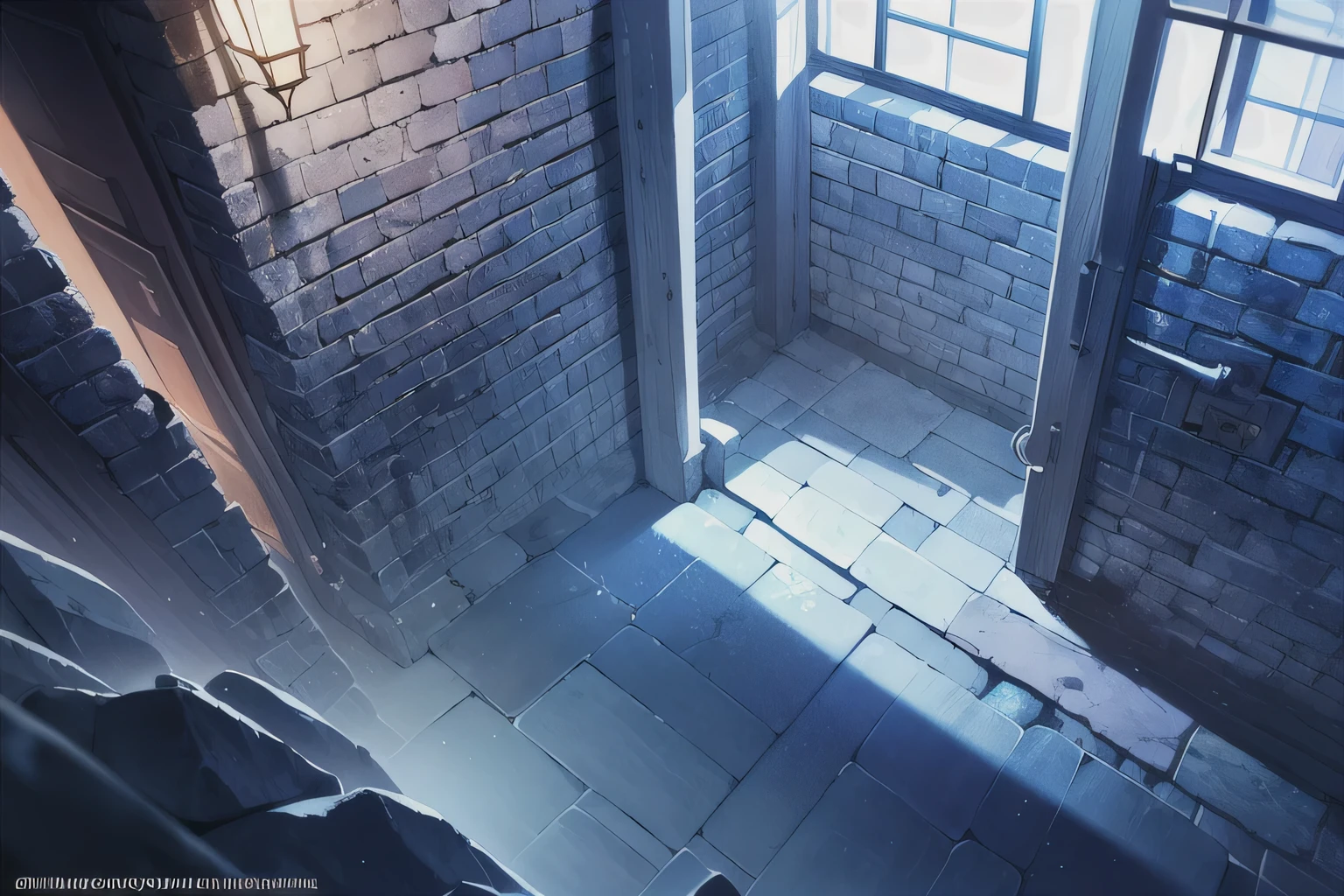 ((No character)), masterpiece, anime style, cel shading, perfect details, cg quality, ultra high details, (perspective shot from above), room with stone brick walls, concrete floor, night scene, dark, eerie atmosphere, ((purple and dark blue palette)), side view