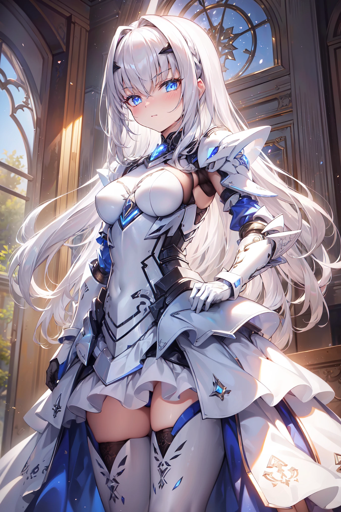 (  This is the best quality ,4K,8K,    High Resolution   , masterpiece :1.2),     Super Detailed  ,  girl ，Holy，(   silver white hair  )，   blue eyes ，obsessed， Elegant standing position ，玩得  happy  ，in love，   Red dress with combat armor  ，    Detailed Clothes   ，pattern，Swimsuit，  happy  ，  From the room ，   unique  ， Small amount of armor  