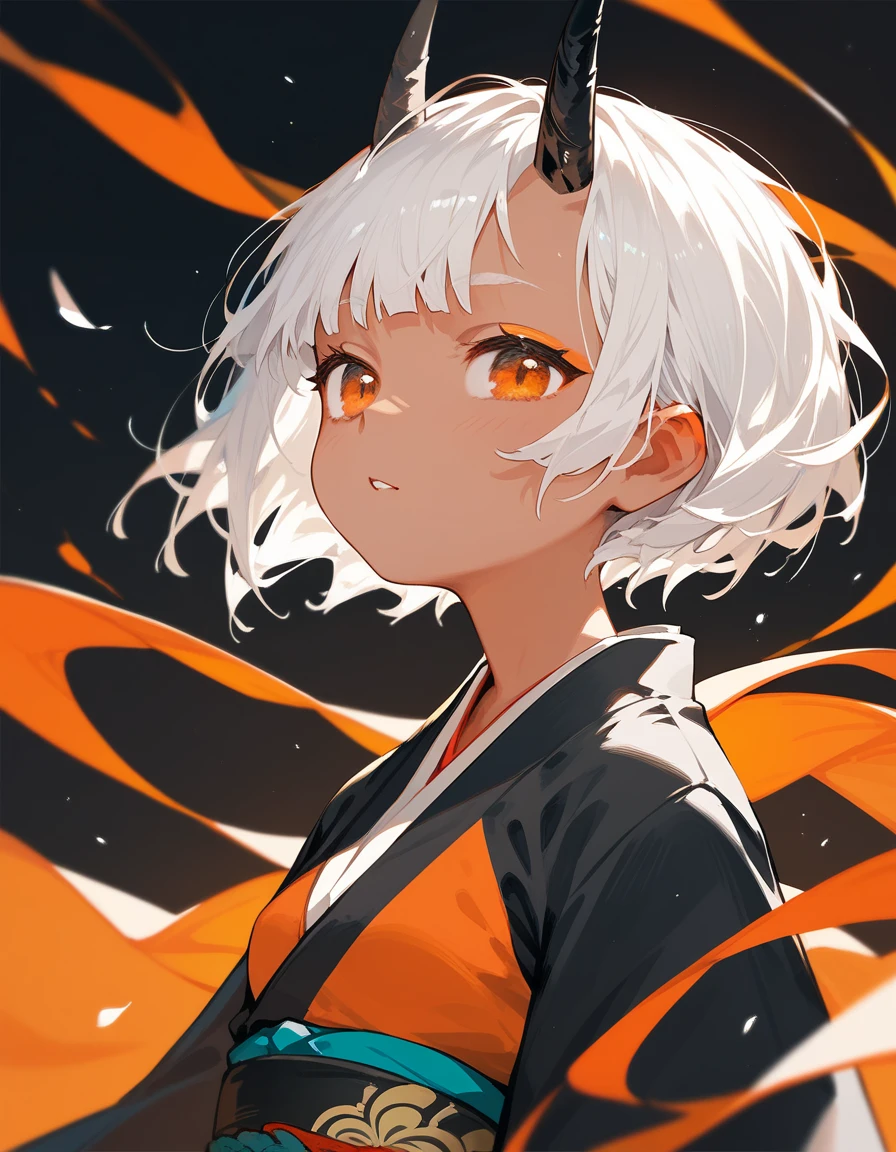  girl with white hair, short hair ,Tanned,In the orange eyes,, small breasts ,Kimono set,Black one-horned