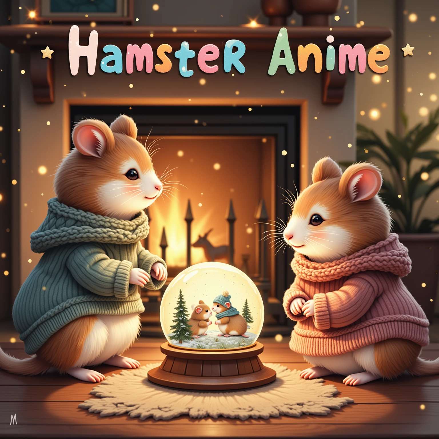 Craft a delightful outdoor winter scene featuring cute hamsters dressed in bright knitted hats and scarves, cheerfully building a snowman. These lively hamsters are portrayed in mid-action, with one rolling a large snowball while others gather sticks and stones for the snowman's features. The background reveals a picturesque forest blanketed in a pristine layer of snow, providing a serene and majestic backdrop to the lively scene. Snowflakes delicately drift down, enhancing the playfulness and beauty of the moment. The natural lighting casts a soft glow, highlighting the vibrant colors of the hamsters' winter attire against the white landscape. The snowman, adorned with a whimsical carrot nose and playful sticks for arms, stands proudly amidst the bustling activity. Above, incorporate the phrase "Hamster Anime" to appear as if made of snow, seamlessly blending with the evocative winter aesthetics of the scene, and add a playful charm to this adorable winter tableau.