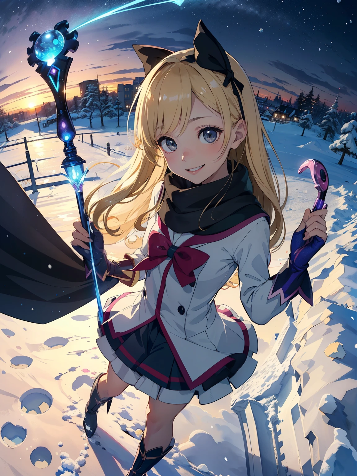 masterpiece，top quality， high image quality，( super flat ， FLAT SHADING )，glass，beautiful dark hair， fisheye lens， cute  young mother in training :1.25， warm scarf ，( Magical Girl，Shiny blonde gray  ，I have a magic wand in the shape of a long, thick electric vibrator in my hand:1.6， Magical Item:1.2，かわいいピンク色のレースのふわふわした  Magical Girlの衣装を着用:1.4，Fluttering skirt，  harassment，   clevis on the stone ， Magic Rim:1.2)，( Magical Girl変身セット:1.2)，(naked)，  long hair， boots，smile, smile， White Breath，fun, play， looking over the city from a winter park garden ，Snowfall，Winter Sky，Snow Scene，At dusk，Beautiful sunset ，Wide angle， bright color，watercolor,   Ghibli style，Strong winds，Girl Temptation， girl  &#39;Lure，