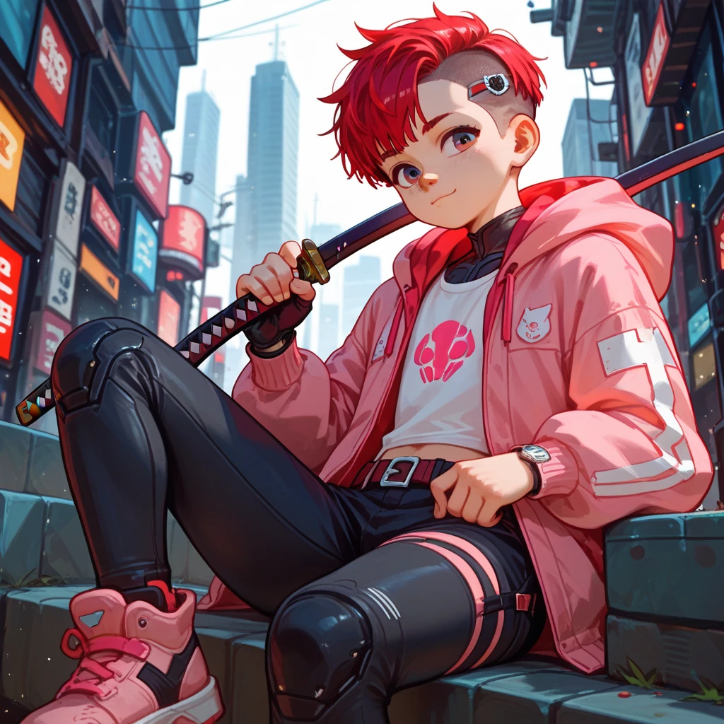 "A young boy with bright red hair , pixie cut , bright skin, and the soft expression , wearing future clothing. Pink hood .  The boy sitting.  The background is plain black , holding katana , gives full focus to the character of the boy ."