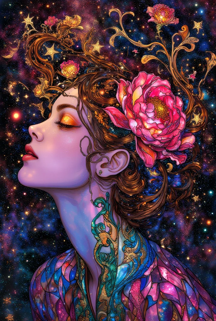 a woman with a flower in her hair, face melting into the universe, by Virgil Finlay, inspired by Dan Hillier, Starry space, disney and dan hillier, moebius and dan hillier, inspired by Virgil Finlay, in the astral plane, intricate colorful  illustration, style of virgil finlay, ArsMJStyle, Stained Glass, in the style of james-jean
