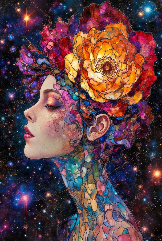 a woman with a flower in her hair, face melting into the universe, by Virgil Finlay, inspired by Dan Hillier, Starry space, disney and dan hillier, moebius and dan hillier, inspired by Virgil Finlay, in the astral plane, intricate colorful  illustration, style of virgil finlay, ArsMJStyle, Stained Glass, in the style of james-jean
