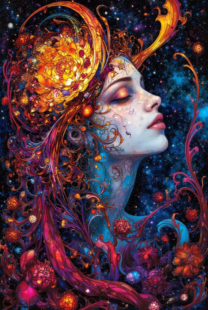 a woman with a flower in her hair, face melting into the universe, by Virgil Finlay, inspired by Dan Hillier, Starry space, disney and dan hillier, moebius and dan hillier, inspired by Virgil Finlay, in the astral plane, intricate colorful  illustration, style of virgil finlay, ArsMJStyle, Stained Glass, in the style of james-jean
