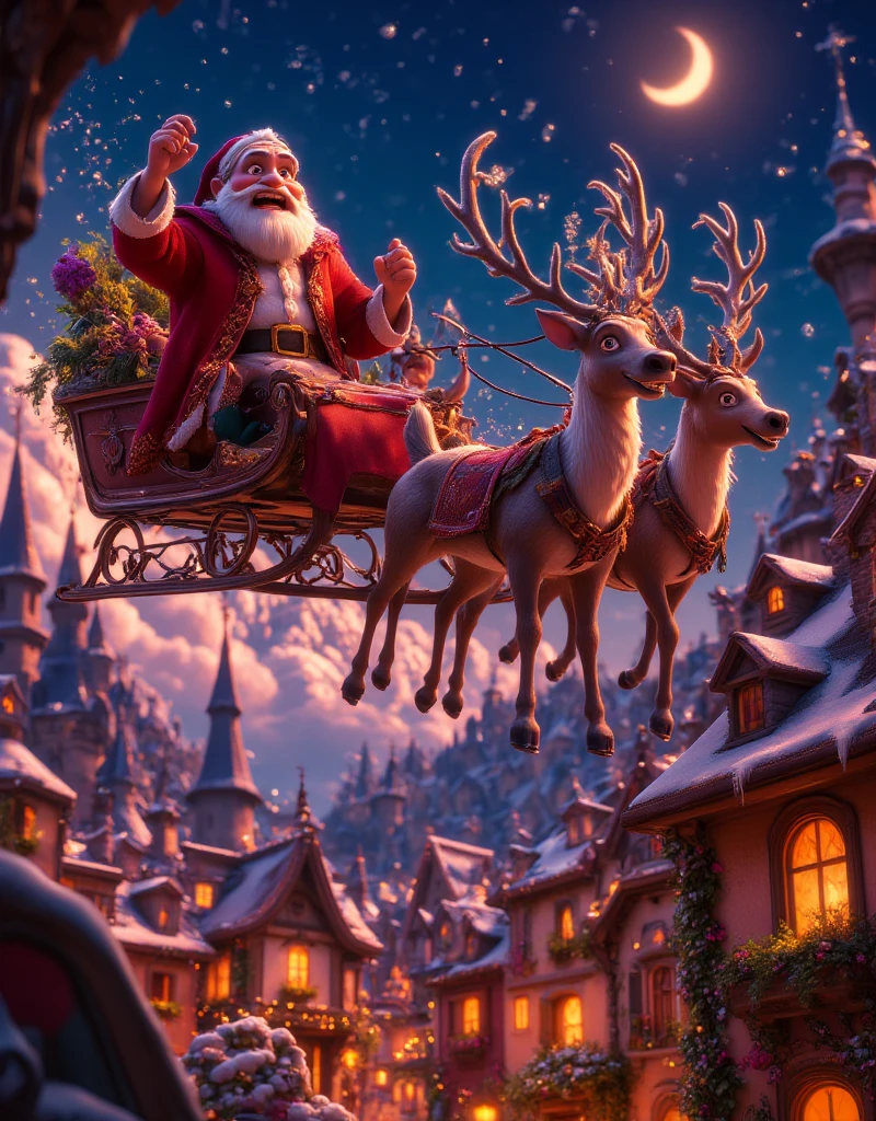 highly detailed, dynamic, cinematic, stunning, realistic lighting and shadows, vivid, vibrant, octane rendering, Unreal Engine, highly detailed, concept art, realistic, cry engine, (dramatic, grainy, intense: 1.4), highest quality, 32k uhd, incredibly detailed, intricately detailed, ultra detailed, ultra high quality, high detail, ultra detailed, masterpiece, A magical 3D Disney-style animation scene of (huge muscular Santa Claus) riding his sleigh, pulled by eight majestic reindeer, soaring high across a starry Christmas Eve sky. huge muscular Santa, dressed in his classic red suit and hat, waves cheerfully as he prepares to deliver presents to ren around the world. The sleigh sparkles with golden magic dust trailing behind, adding a whimsical glow to the scene. Below, a picturesque town is beautifully decorated with festive Christmas lights, with rooftops and trees shimmering in warm colors. The streets are bustling with tiny glowing details of families celebrating indoors. The night sky is deep blue, dotted with twinkling stars and the soft glow of a crescent moon, creating a sense of wonder and warmth. The style is vibrant and colorful, capturing the charm and magic of a Disney animated holiday story.