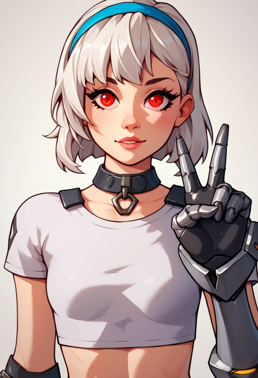 score_9, score_8_up, score_7_up, score_6_up, score_5_up, score_4_up, LexaFEXL, red eyes, white hair, short hair, blue hairband, bangs, black collar, mechanical hands, small breasts, white crop top, short sleeves, solo, front view, v arms, (portrait, upper body), solo focusnude huge breats implied fellatio 