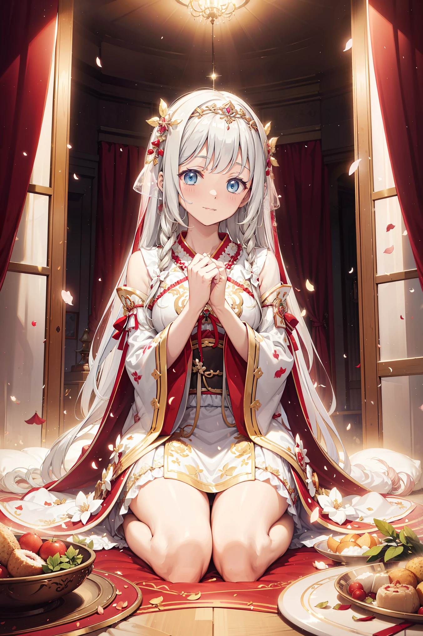 alone, in the dark,indoor, shy expression,saint, transparent pajamas, Clear Sleeves ,Obsessed,Petal edge,cute,Light Color,gentle,Sacred decoration,Sacred Theme, extremely detailed CG 8k wallpaper , best quality ,masterpiece, High Resolution , exquisite and beautiful face , Have Fun ,Remove items in your hands