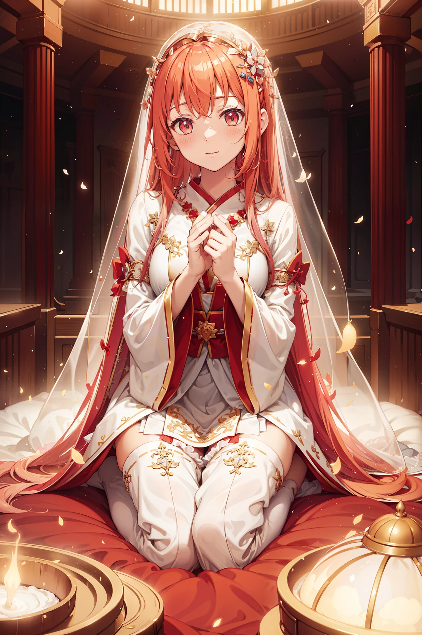 alone, in the dark,indoor, shy expression,saint, transparent pajamas, Clear Sleeves ,Obsessed,Petal edge,cute,Light Color,gentle,Sacred decoration,Sacred Theme, extremely detailed CG 8k wallpaper , best quality ,masterpiece, High Resolution , exquisite and beautiful face , Have Fun ,Remove items in your hands