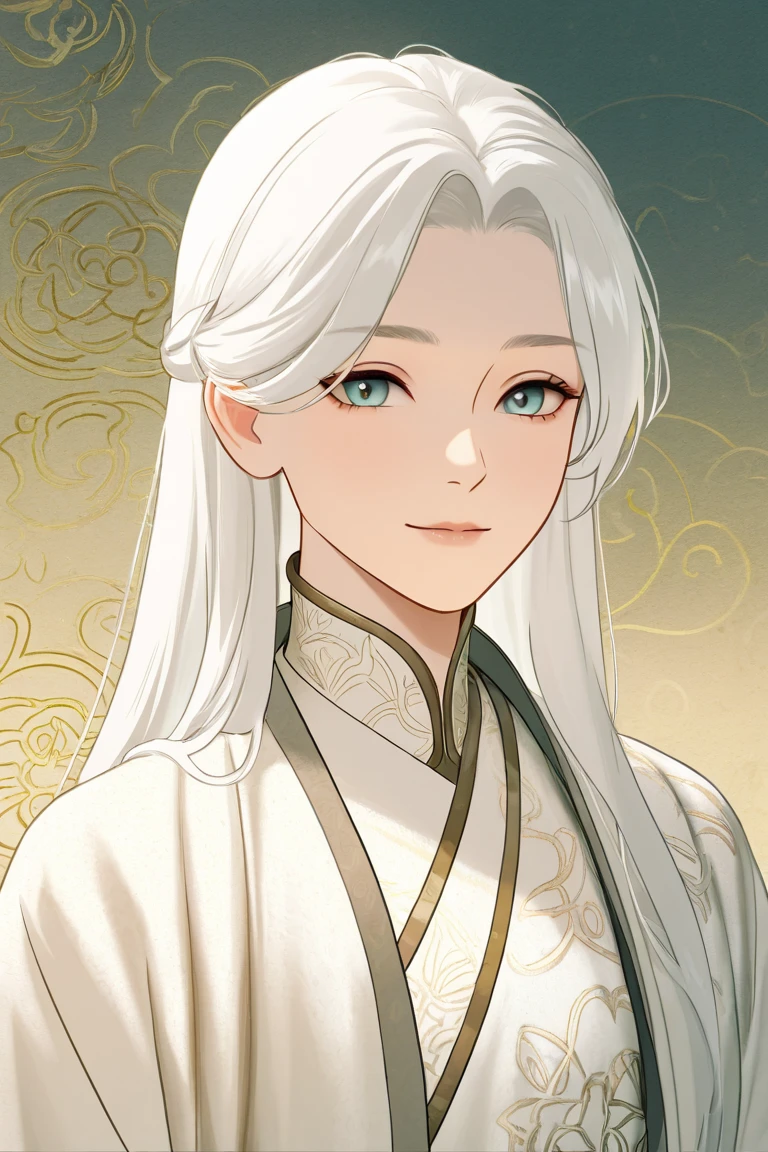 A refined and minimalist digital illustration of an ancient Chinese young man with long white hair flowing gracefully, focusing on an upper-body portrait. He wears simple but elegant traditional Chinese robes, with delicate patterns near the collar and sleeves. The character exudes a calm and ethereal aura, with his pose slightly turned, highlighting his serene expression. The background is minimal, with soft gradients or faint hints of mist, ensuring the focus remains on the character's face and upper body. The art style is smooth, with flowing lines that evoke the gentle movement of wind and water