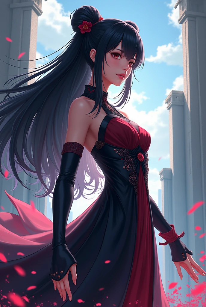 tsuruta ichiro, Narrow-eyed, 1girl in, Allback、shorth hair、brow、Reluctance、A dark-haired、Tucked Hair Solo, Cowgirl, Red dress, ((mideum breasts)), Thin slit eyes、blue grey eyes, Random colored hair, gloves, Dress, Jewelry, earrings, sharp eye、Red Glove, elbow groves,Raise your hands and tie your hair back, random color, random color dress, From Side, makeup, Slender eyes、lip stick, Complex petal pattern, Rim Light, Back Light, pastel color,