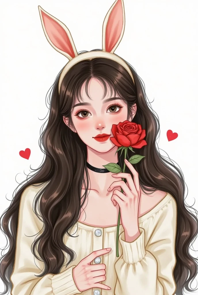 A cute girl wearing rabbit ears, Holding a rose in one hand to cover one eye