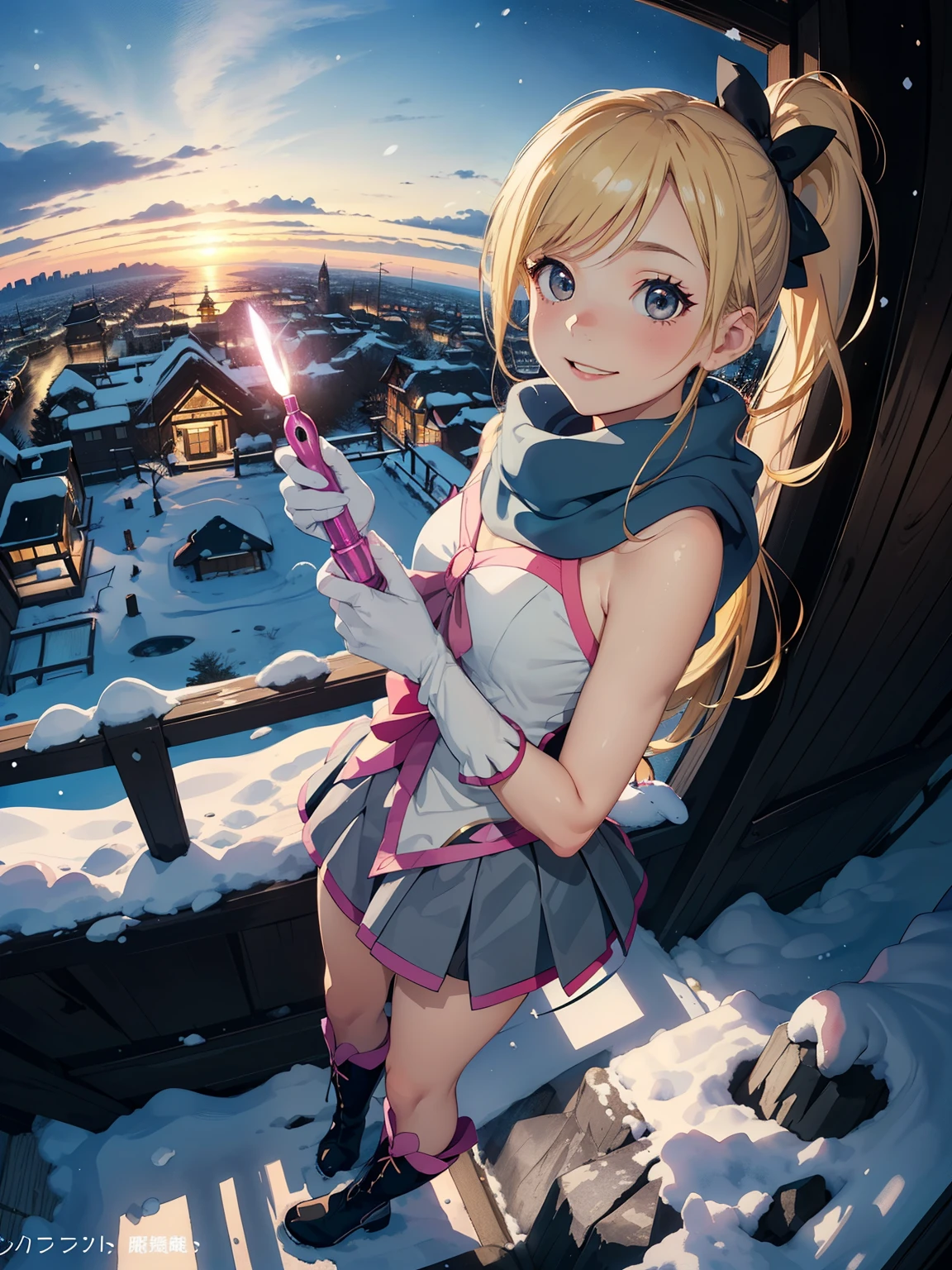 masterpiece，top quality， high image quality，( super flat ， FLAT SHADING )，glass，beautiful dark hair， fisheye lens， cute ****** young mother in training :1.25， warm scarf ，( Magical Girl，Shiny blonde gray  ，I have a magic wand in the shape of a long, thick electric vibrator in my hand:1.6， Magical Item:1.2，かわいいピンク色のレースのふわふわした  Magical Girlの衣装を着用:1.4，Fluttering skirt，  harassment，   clevis on the stone ， Magic Rim:1.2)，( Magical Girl変身セット:1.2)，(naked)，  long hair， boots，smile, smile， White Breath，fun, play， looking over the city from a winter park garden ，Snowfall，Winter Sky，Snow Scene，At dusk，Beautiful sunset ，Wide angle， bright color，watercolor,   Ghibli style，Strong winds，Girl Temptation， girl  &#39;Lure，