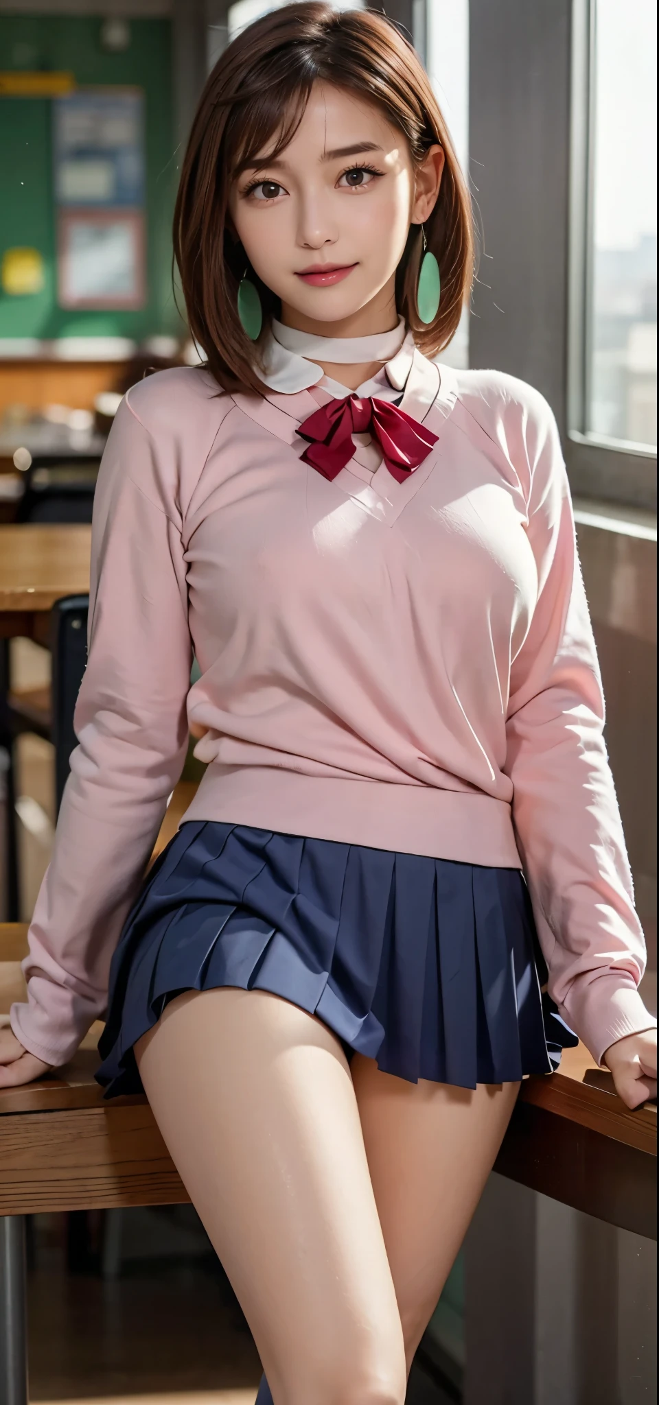 extremely high quality photo, Momo Ayase, sharp focus, realistic, source_photo, proper alignment, young Japanese model, cafe setting, room background, glamorous, sexy, seductive, portrait, detailed face, smiling, happy, ayase_wz, medium hair, brown hair, brown eyes, large breasts, chocker, choker, red bowtie, (pink cardigan:1.2), long cardigan, long sleeves, blue skirt, pleated skirt, school uniform, short skirt, earrings, loose socks, white socks, (((( M-shaped legs spread, please look )))), (Show me your legs spread wide: 1.5), 