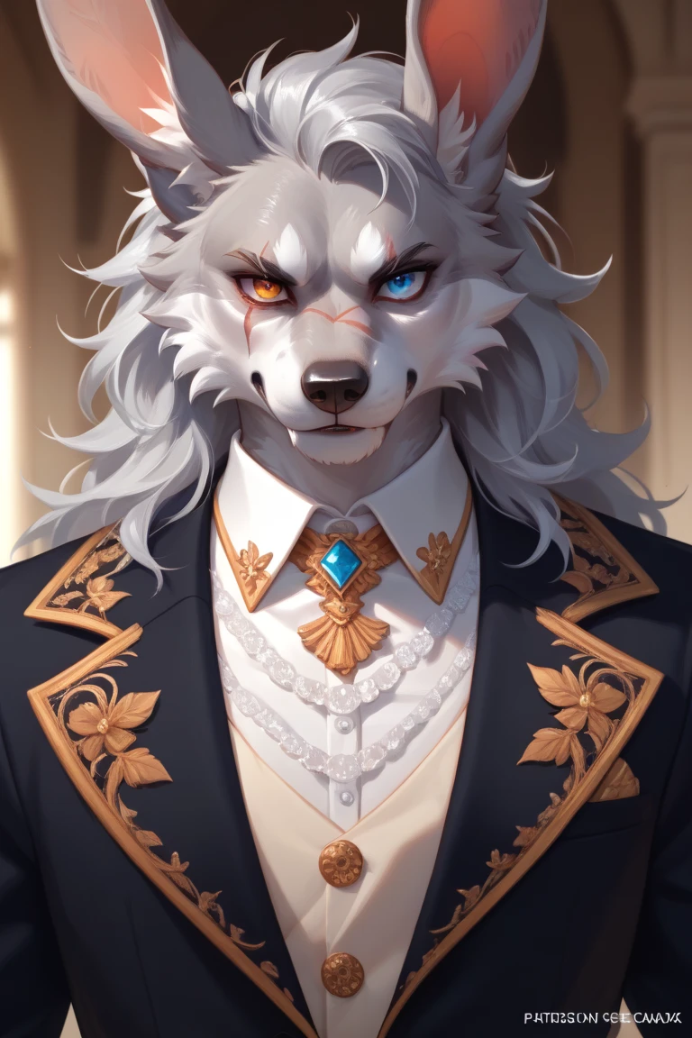 Furry werewolf silver fur scar on his eye heterochromia or eyes of a different color wounds on his face together with a rabbit cream fur elegant clothes