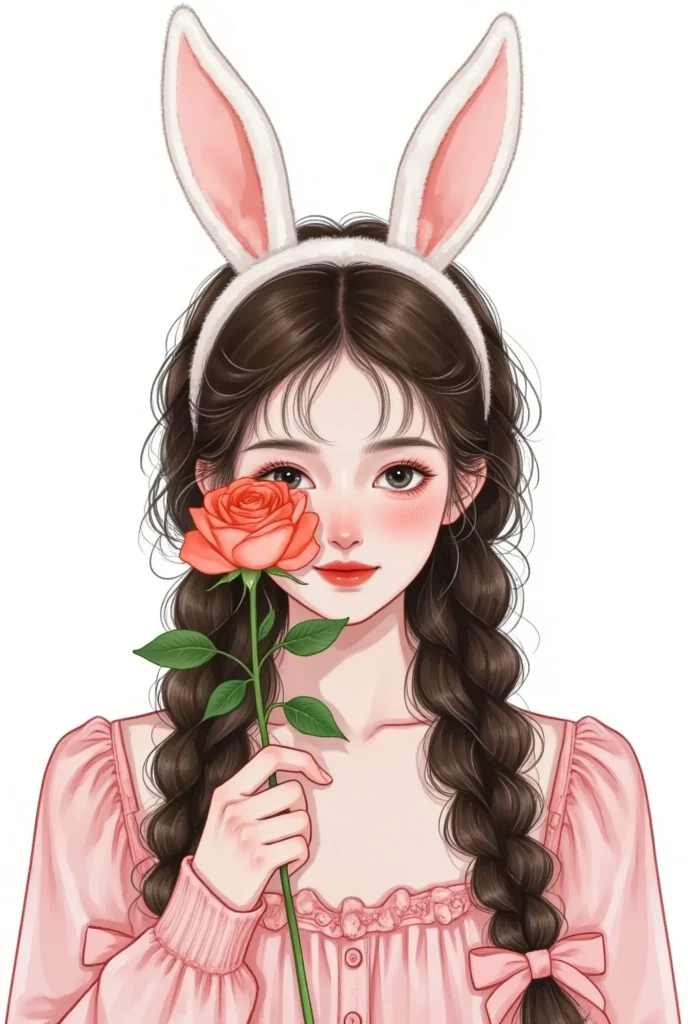 A cute girl wearing rabbit ears, Holding a rose in one hand to cover one eye