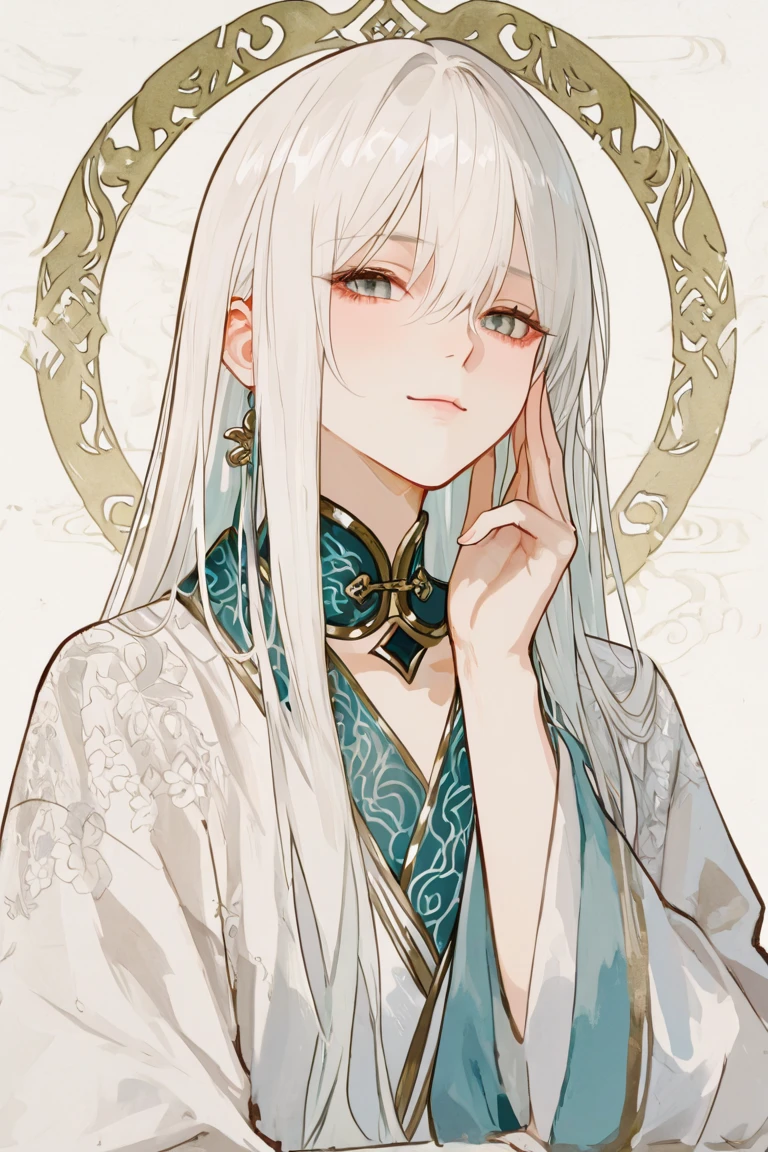 A refined and minimalist digital illustration of an ancient Chinese young man with long white hair flowing gracefully, focusing on an upper-body portrait. He wears simple but elegant traditional Chinese robes, with delicate patterns near the collar and sleeves. The character exudes a calm and ethereal aura, with his pose slightly turned, highlighting his serene expression. The background is minimal, with soft gradients or faint hints of mist, ensuring the focus remains on the character's face and upper body. The art style is smooth, with flowing lines that evoke the gentle movement of wind and water