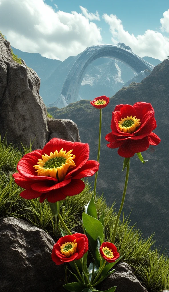 16K Ultra High Definition, Surreal Aerial View, Panoramic View of the Andean World and its Flowers.
An image of several super gigantic bushes of Ranunculus semiverticillatus flowers in bud((Peru Rhyme Flower)), growing on rocky mountains high in the cliffs and dominating a surreal Andean landscape. Its bright neon red outer petals contrast with the bright yellow inner petals, adorned with green details in the center. The center of the flower is a prominent green disk, highlighted with detailed and symmetrical textures. The plant, of colossal proportions, stands in a dreamlike landscape of green mountains with one of them displaying a snowy peak. The surrounding vegetation includes green grasses typical of high altitudes in the rainy season, while the clear sky adds a sense of infinity and wonder to the setting.
In the distance you can see a red high-speed train with a white stripe, with a text that reads "PERU" on its front, inspired by the modern bullet trains manufactured by CR450. The train, with an aerodynamic and futuristic design, ascends a track through a tunnel.
Dynamic movements: The rain falls gently and the flowers, some in bud, move slowly with the wind.
Camera movement: Slow and smooth tracking shot.
Keeping the flower in the center of the frame. Wide-angle composition with rule of thirds design that highlights the harmony of the mountains and the flowers.
Full HD, 16K