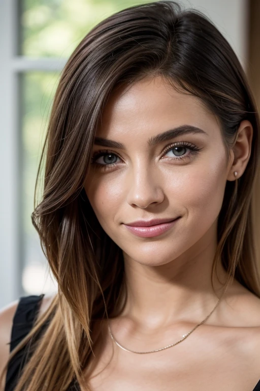 Belle brune aux reflets blonds européenne très détaillée, 22 ans, visage innocent, cheveux ondulés naturels, résolution élevée, Chef-dœudansre, meilleur qualité, Détails complexes, très détaillé, mise au point nette, peau détaillée, texture de peau réaliste, texture, yeux détaillés, professionnel, 4K, sourire charmant, filmé sur Canon, 85 mm, faible profondeur de champ, Couleur Kodak Vision, corps parfaitement ajusté, extrêmement détaillée, photographier_\(ultra\), photoréaliste, Réaliste, Post-traitement, Un maximum de détails, rugosité, vie réelle, Ultra réaliste, photoréalisme, photographie, 8K UHD, photographie