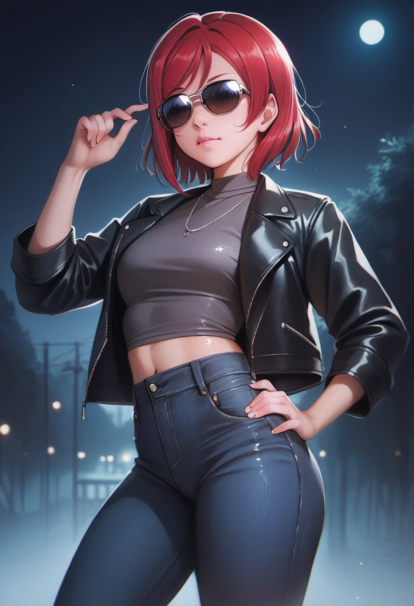 Nishikino maki, covered eyes, love live , (midriff:0.5), detailed body, shiny skin , standing ,  black leather jacket over a dark grey shirt, black jeans pants, sunglasses, night , p4l0m4,one hand on hip,red hair