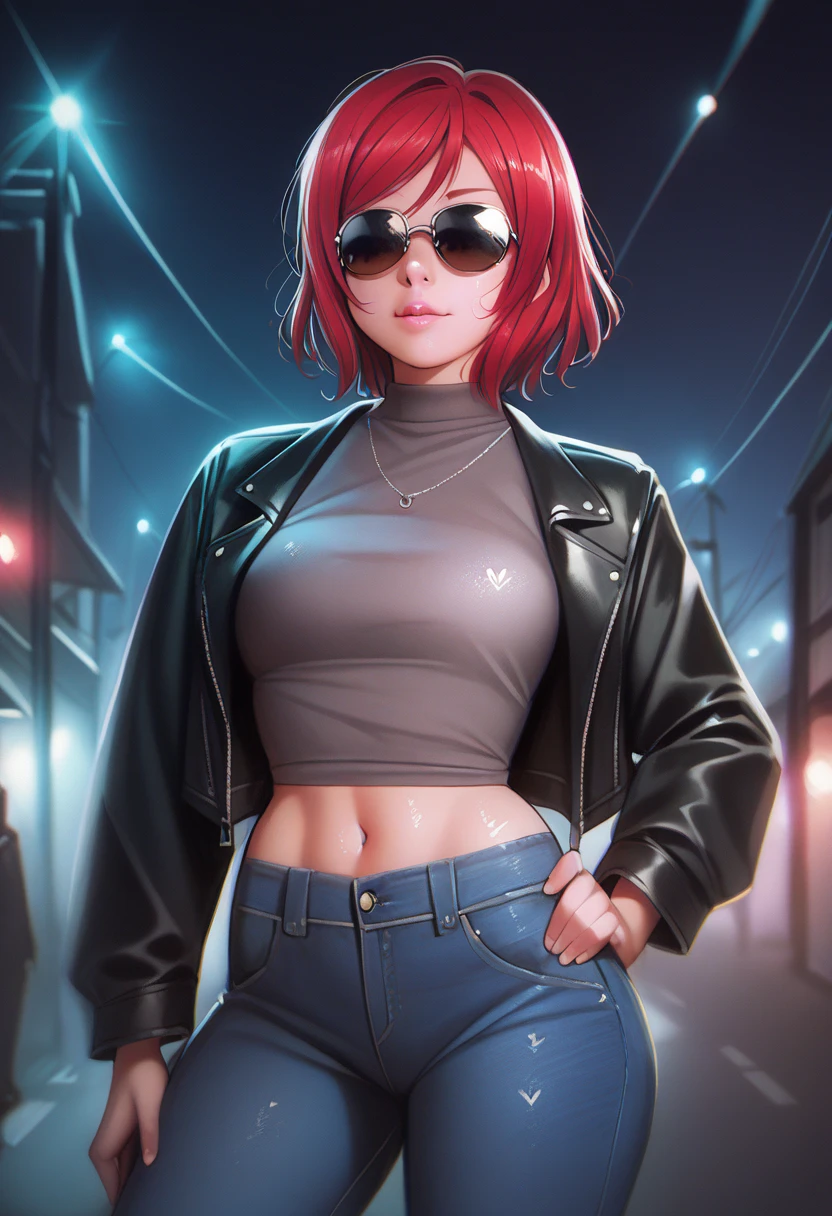 Nishikino maki, covered eyes, love live , (midriff:0.5), detailed body, shiny skin , standing , black leather jacket over a dark grey shirt, black jeans pants, sunglasses, night  ,p4l0m4,one hand on hip,red hair