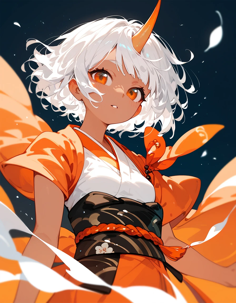  girl with white hair, short hair ,Tanned,In the orange eyes,, small breasts ,Kimono set,There is only one horn, black.