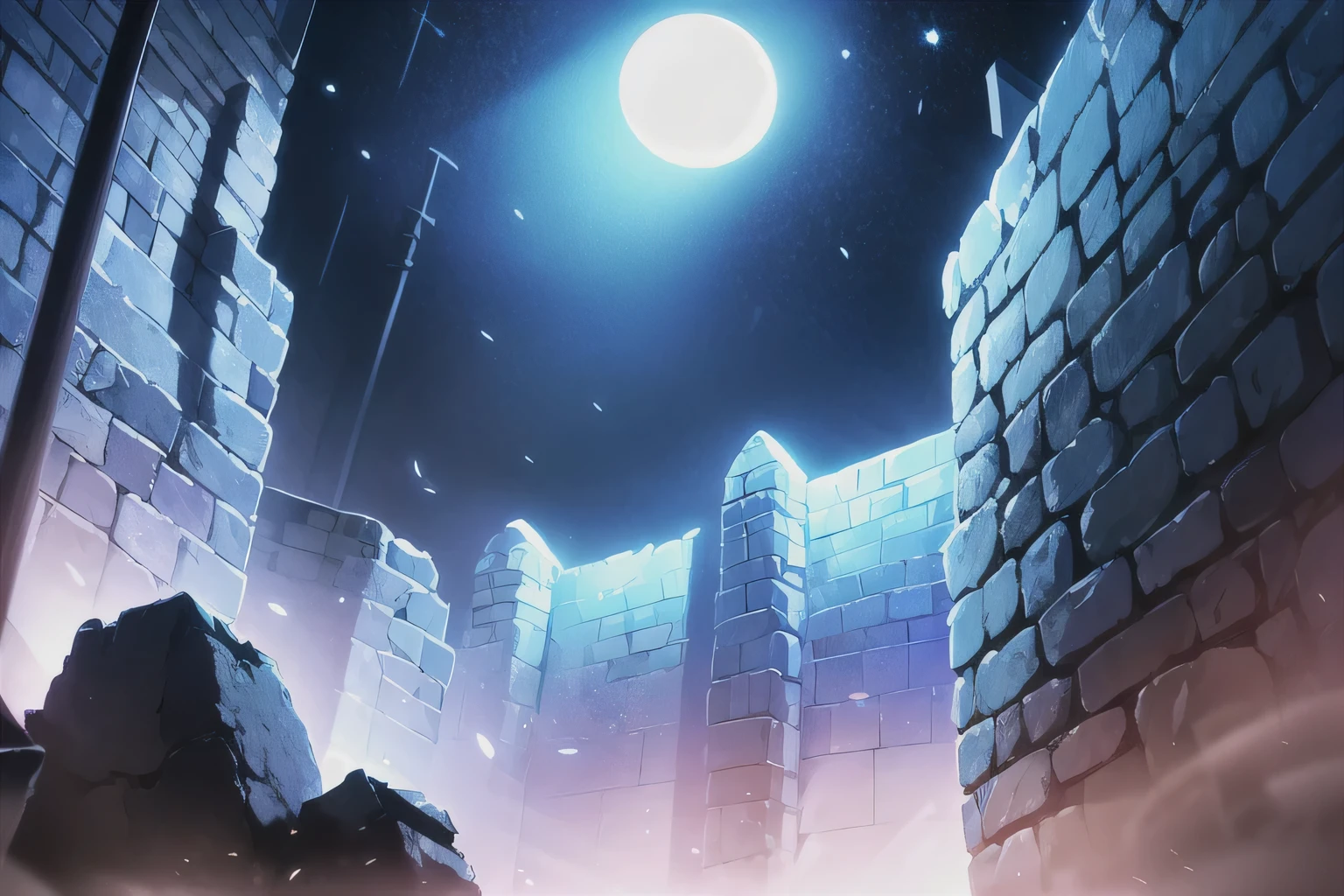 ((No character)), masterpiece, anime style, cel shading, perfect details, cg quality, ultra high details, (perspective shot from below), the image focuses on a stone wall with a hole in it, some bricks have fallen out, through the hole you can see the night sky, glow effects, beautiful lighting, night scene, dark, eerie atmosphere, ((purple and dark blue palette)), side view