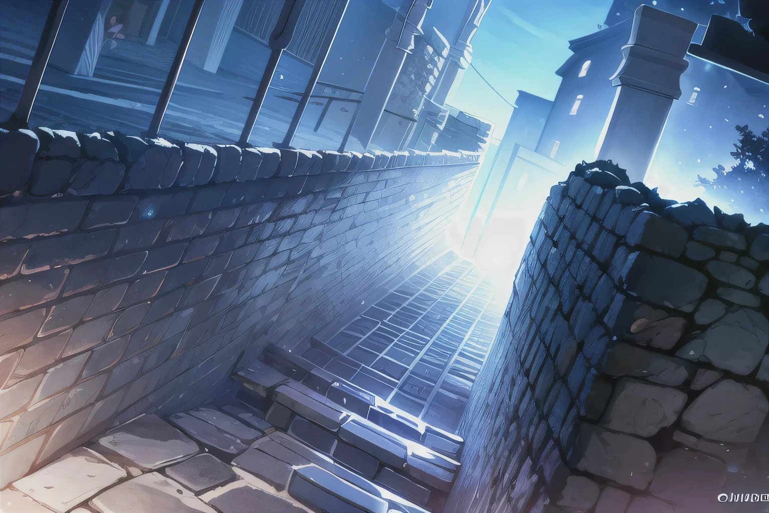 ((No character)), masterpiece, anime style, cel shading, perfect details, cg quality, ultra high details, (perspective shot from below), the image focuses on a stone wall with a hole in it, some bricks have fallen out, through the hole you can see the night sky, glow effects, beautiful lighting, night scene, dark, eerie atmosphere, ((purple and dark blue palette)), side view