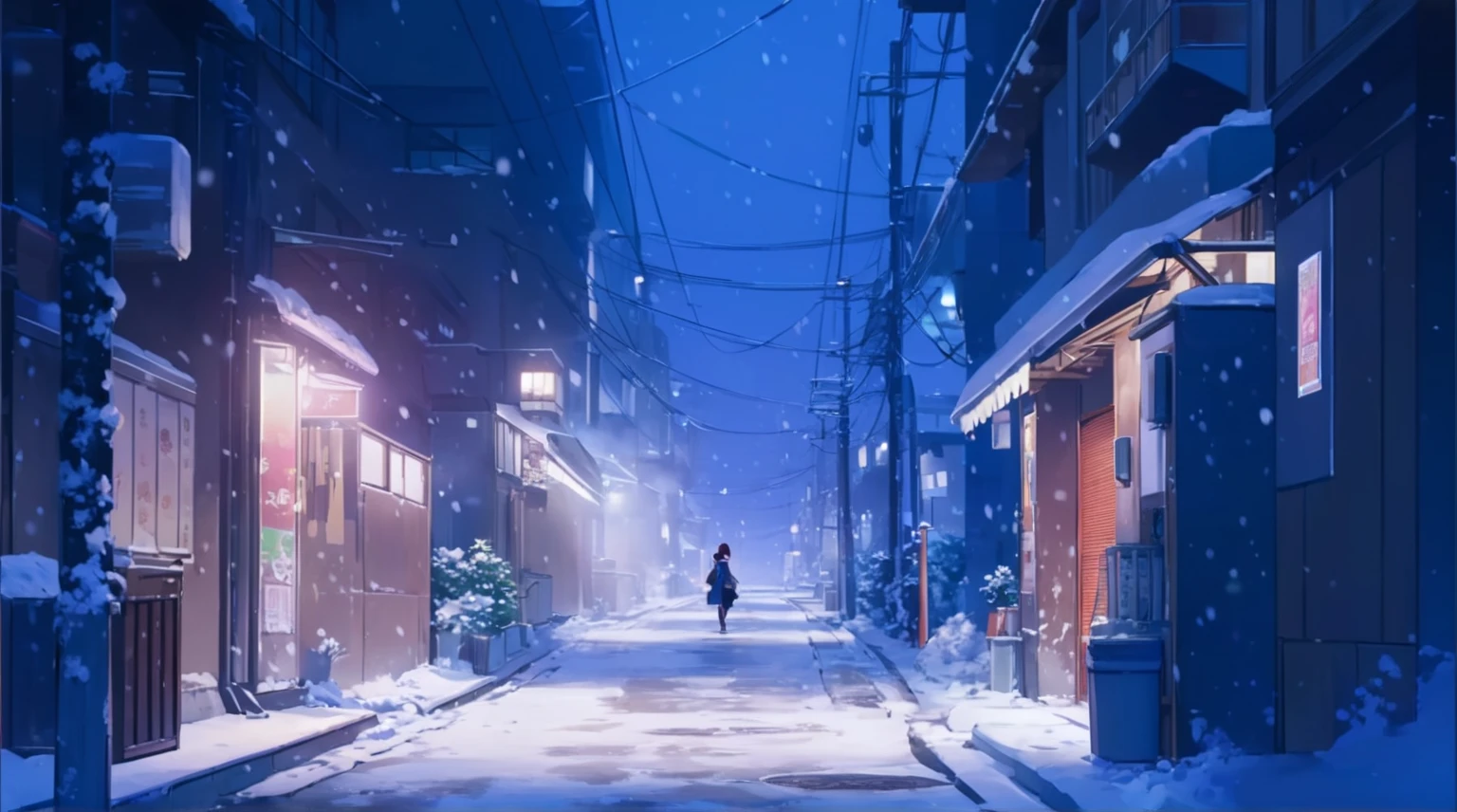 Snow night scene of a Snow alley with a person walking down the street,   Beautiful Anime Scenes , Anime Background art, Snow. Makoto Shinkai, Anime Background,  Tokyo Anime Scene ,  Anime movie background ,  Atmospheric Anime ,  anime atmosphere , Anime Style 4k,   Beautiful Anime Scenes ry,  anime wallpaper 4k , anime wallpaper 4k,  anime art wallpaper 8k 